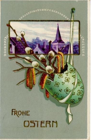 Glitter Passepartout Postcard Easter, Church, Easter Egg, Pussy Willow