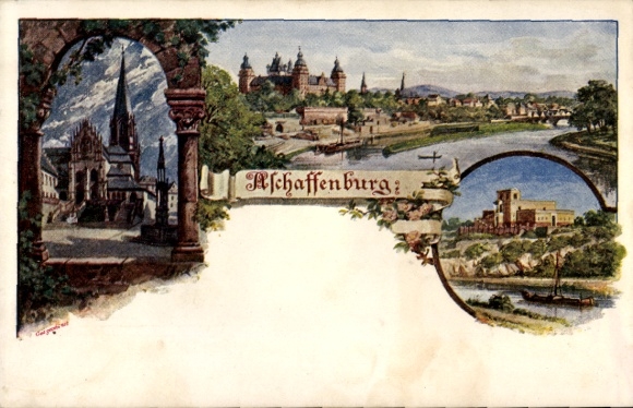 Kunstenaarsbriefkaart Aschaffenburg in Neder-Franken Beieren, kerk, algemeen beeld