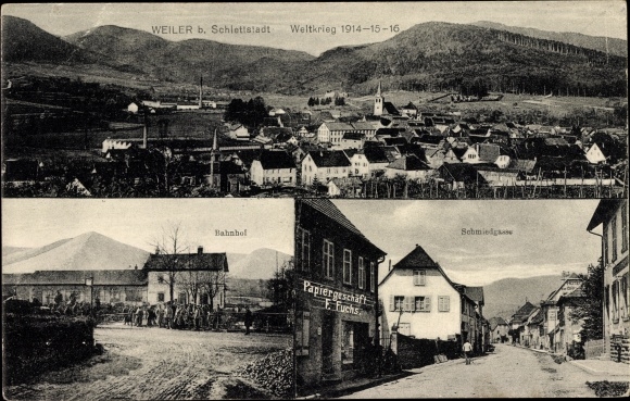 Postcard Villé Weiler Alsace Bas Rhin, total view, Bahnhof, Schmiedgasse, Papiergeschäft F. Fuchs