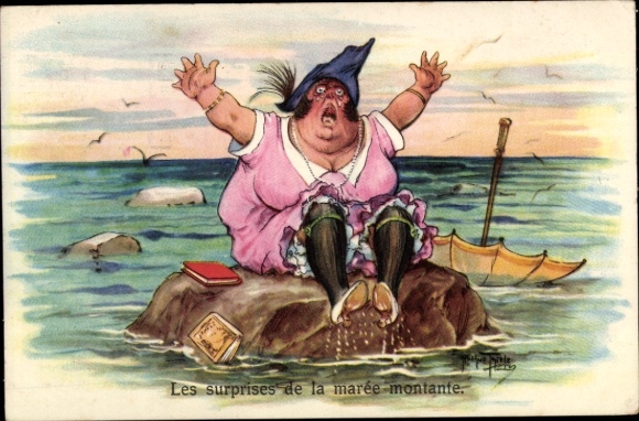 Artist Postcard Thiele, Arthur, Seaside resort Binz on Rügen, howling buoy, woman, stockings, parasol, books