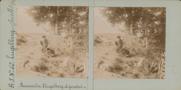 Stereo photo Engelberg Kt. Obwalden Switzerland, resting man, 1900