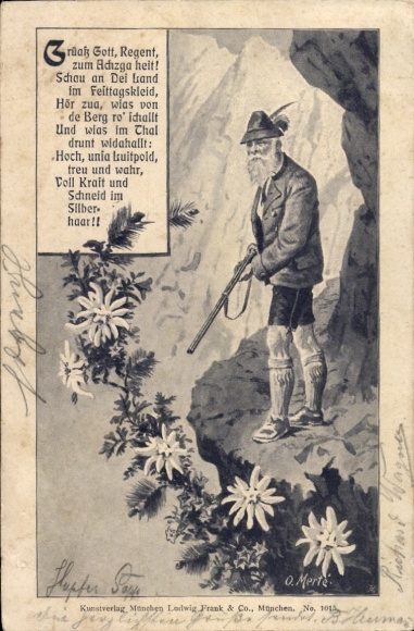 Artist Postcard Merte, Prince Regent Luitpold of Bavaria on the hunt, Edelweiss