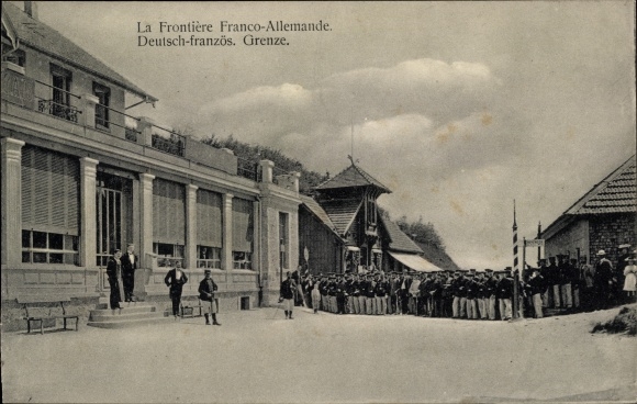 Postcard German French Border, Frontiere Franco Allemande, border officials in uniform, hotel