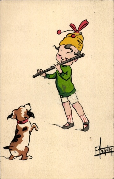 Künstler Ak Vandet, F., Junge mit einer Flöte und ein Hund