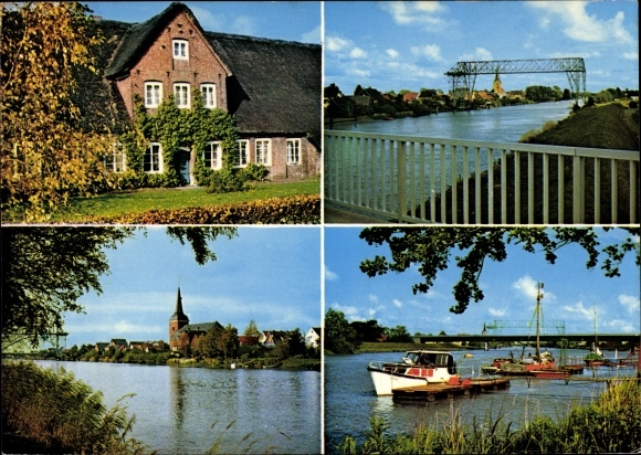 Ak Osten Oste district van Cuxhaven, transportveerboot, plaats, investeerders, huis met rieten dak