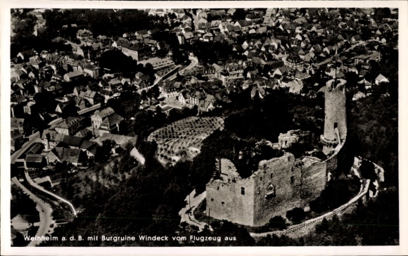 Postcard Weinheim an der Bergstraße Baden, aerial view of the castle ruins Windeck, houses, landscape