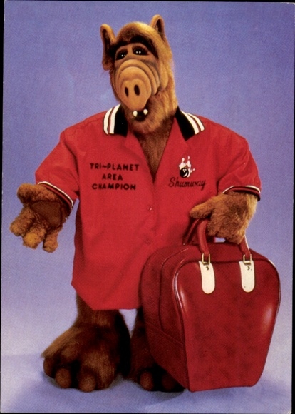 Postcard Alf with bowling shirt and bowling bag, Really great, portrait