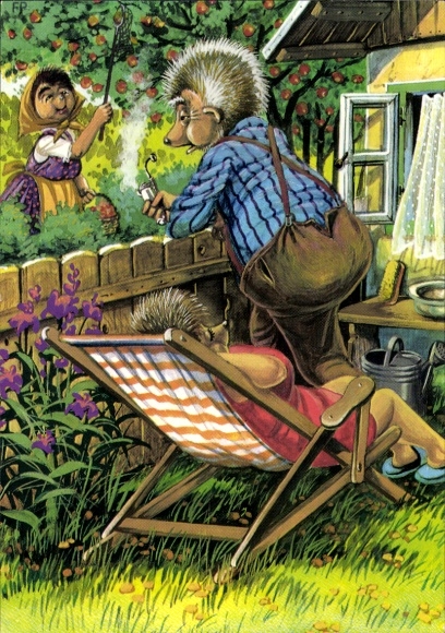 Künstler Ak Vermenschlichte Igel, Igelpaar im Garten, Igelmann mit Pfeife, Nachbarin