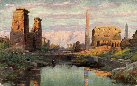 Artysta KP Wuttke, Karnak Egipt, Ruines et le sacre lac, ruiny, jezioro