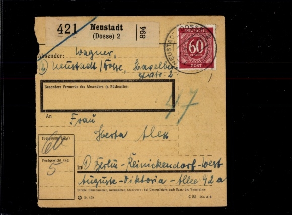 Michel No. 933 on parcel card