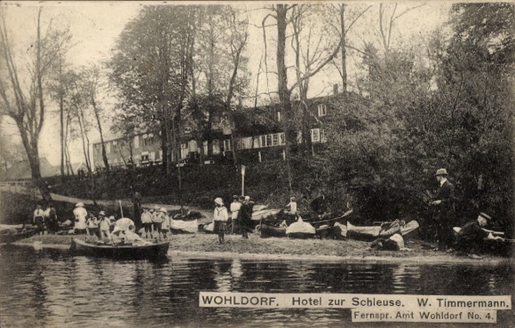 Ansichtkaart Hamburg Wandsbek Wohldorf Ohlstedt, Hotel zur Schleuse, boten
