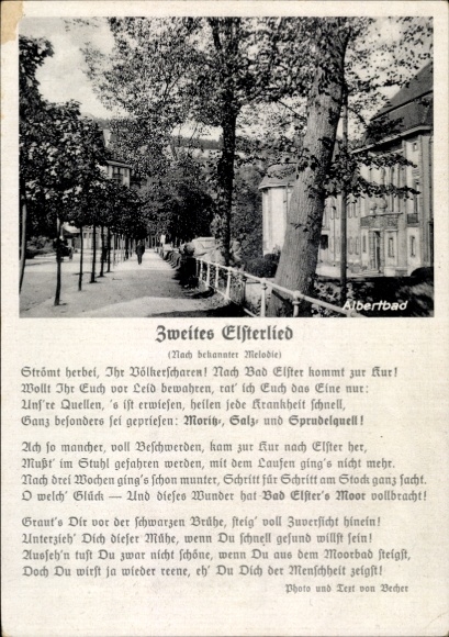 Postcard Bad Elster in Vogtland, Albertbad, poem about healing, reference to mud baths