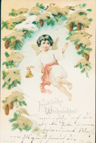 Glitter litho Gefeliciteerd Kerstmis, engel, bel, dennenappel