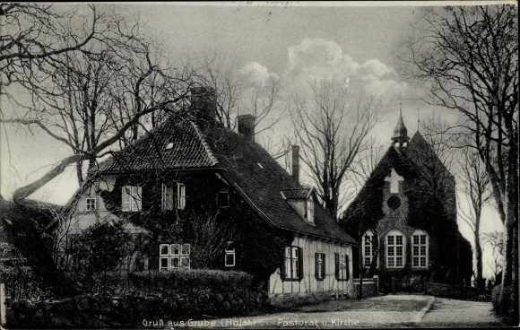 Postcard Grube in Holstein, view of the vicarage and church