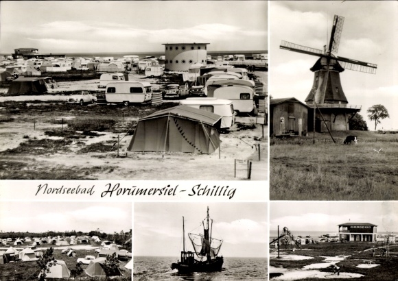 Postcard Horumersiel Schillig Wangerland in Friesland, campsite, fishing boat, playground