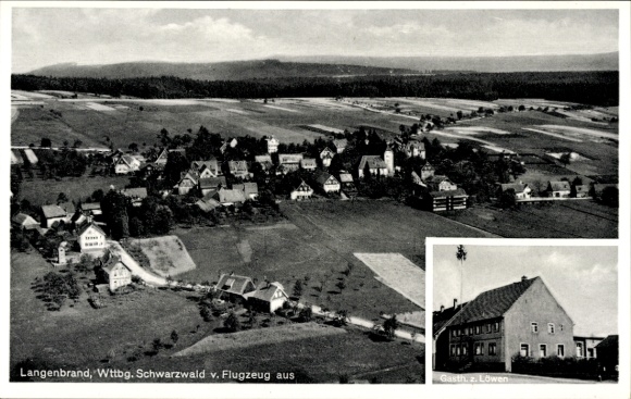 Postcard Langenbrand Schömberg in the Black Forest Württemberg, aerial photograph, Gasthaus zum Löwen