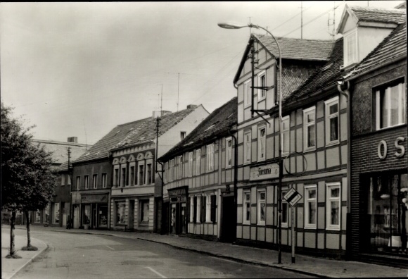 PC Osterburg in the Altmark, street view, Helmut-Just-Straße, historic houses, black and white