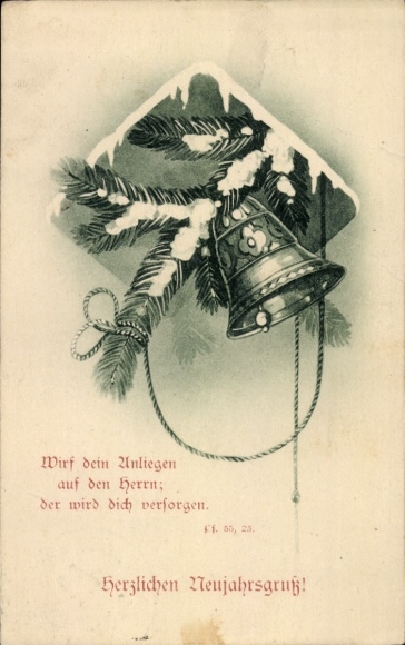 Postcard Happy New Year, bells, Bible quote, Cast your request to the Lord..., Ps. 55,23