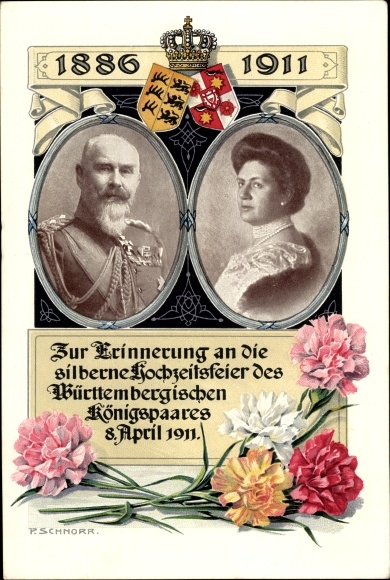 Artist Postcard Schnorr, King Wilhelm II v. Württemberg, Queen Charlotte, silver wedding anniversary 1911, coat of arms