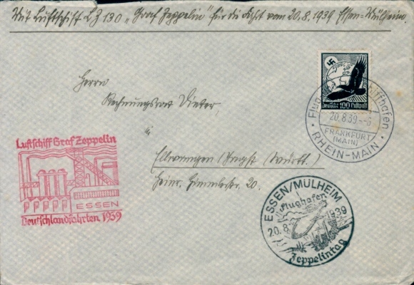 Envelope Zeppelinpost LZ 130 Graf Zeppelin, Essen - Mülheim 20.08.1939, Germany trips 1939