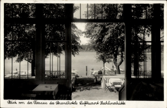 Postcard Zechliner Hütte Zechlinerhütte town of Rheinsberg in the Mark, view from the terrace, beach hotel