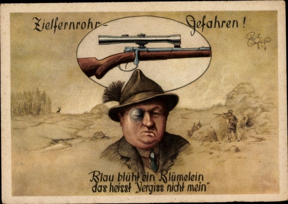 Artist Postcard Geilfus, H., rifle scope dangers, a little flower blooms in blue, funny hunter's primer