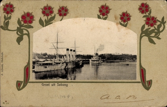 Jugendstil Passepartout Ak Sabang Indonesien, Kriegsschiffe im Hafen