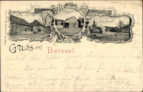 Postcard Berßel Osterwieck in the Harz district, Schöndube pumping station, house C. Vorstadt and F. Koch, church