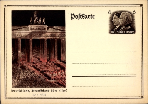 Ganzsachen Ak Berlin, Deutschland über alles, Aufmarsch 30. Januar 1933, Brandenburger Tor