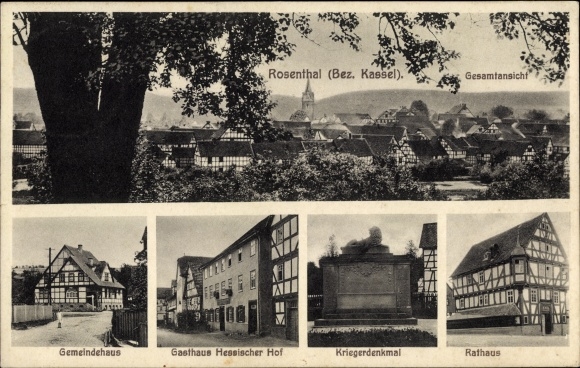 Postcard Rosenthal in Hessen, general view, town hall, community hall, war memorial, inn