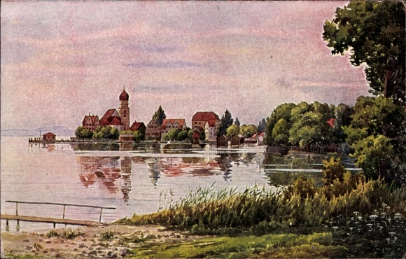 Artist PC Marschall, V., moated castle on Lake Constance, view of the city