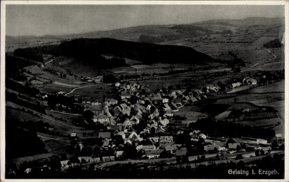 Postcard Geising Altenberg in the Ore Mountains, aerial view of the Ore Mountains, many buildings, surrounding land...