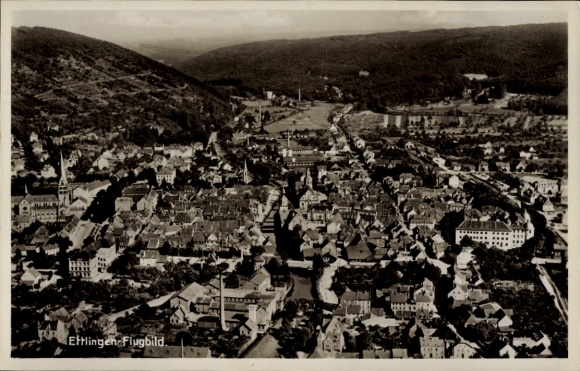 Postcard Ettlingen in Baden, aerial view of the Alb valley, houses, landscape