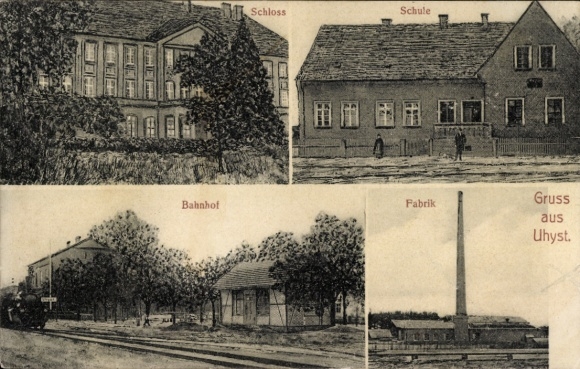 Postcard Uhyst an der Spree Boxberg Oberlausitz, castle, school, train station, factory