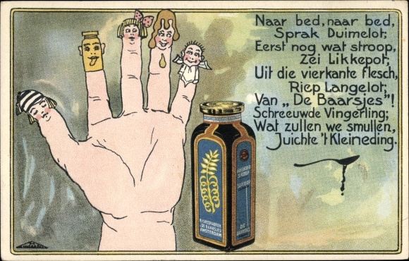 Postcard Reklame, NV Siroopfabriek De Baarsjes, Amsterdam, hand with anthropomorphized fingers