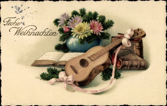 Postcard Congratulations Christmas, flowers, guitar, fir tree, books