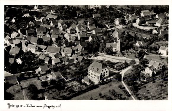 Postcard Heiningen am Oderwald, aerial view of Heininger, typical village architecture, church
