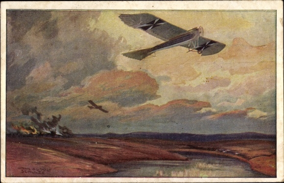 Artist PC Schulze, Hans Rudolf, military pigeon on reconnaissance flight at the Masurian lakes, I. WW