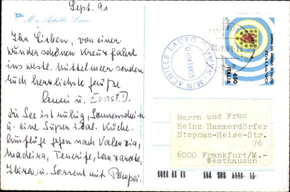 Postcard Ship M/N Achille Lauro, Lauro Lines