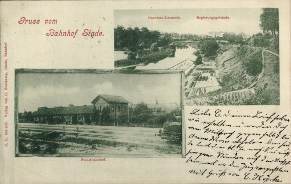 Ak Stade in Niedersachsen, Bahnhof, Garnison-Lazarett, Regierungsgebäude