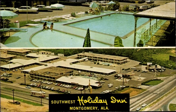 Ak Montgomery Alabama, Southwest Holiday Inn, panoramisch uitzicht, zwembad