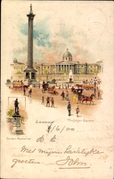 Chromo-Litho London City, Trafalgar Square, Gordon Memorial, horse carriages