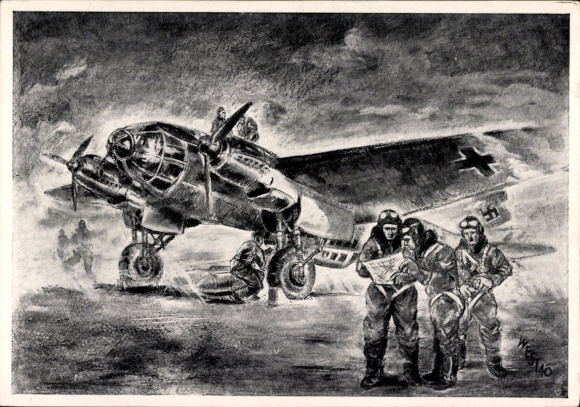 Postcard German Air Force fighter aircraft Heinkel He 111 H, We fly against England, preparation for takeoff