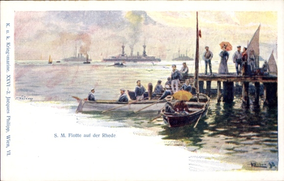 Künstler Ak Österreichische Kriegsschiffe, K.u.k. Kriegsmarine, SM Flotte auf der Rhede in Pola Pula