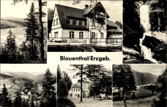 Postcard Blauenthal Eibenstock Ore Mountains, waterfall, fields, house