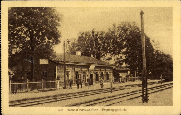Postcard Kozłowa Ruda Kazlų Rūda Koselrode Lithuania, train station, reception building, I. WW