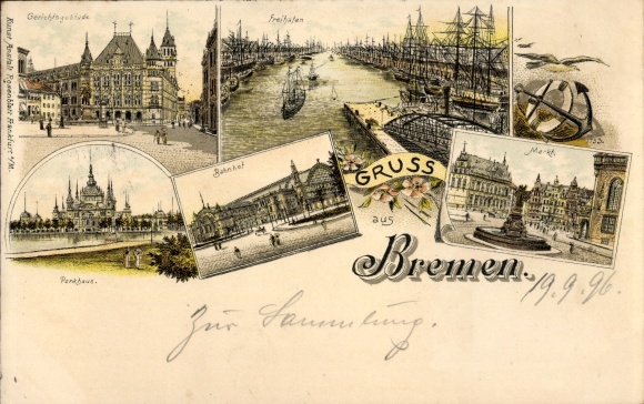Litho Hansestadt Bremen, Gerichtsgebäude, Parkhaus, Bahnhof, Freihafen, Markt