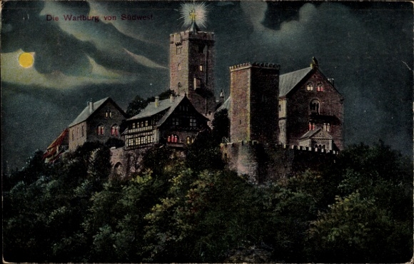 Postcard Lutherstadt Eisenach in Thuringia, Wartburg, night shot, moon, clouds, castle
