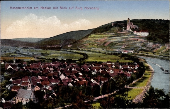 PC Haßmersheim in Baden Württemberg, view of Hornberg Castle, total view