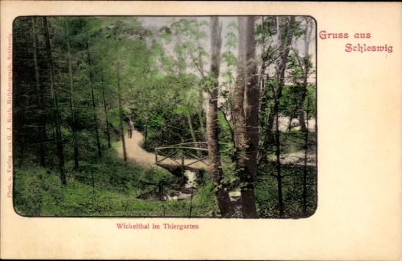 Ak Schleswig aan de Schlei, boslandschap, brug, rivier, Wickelthal in de Tiergarten, Sleeswijk